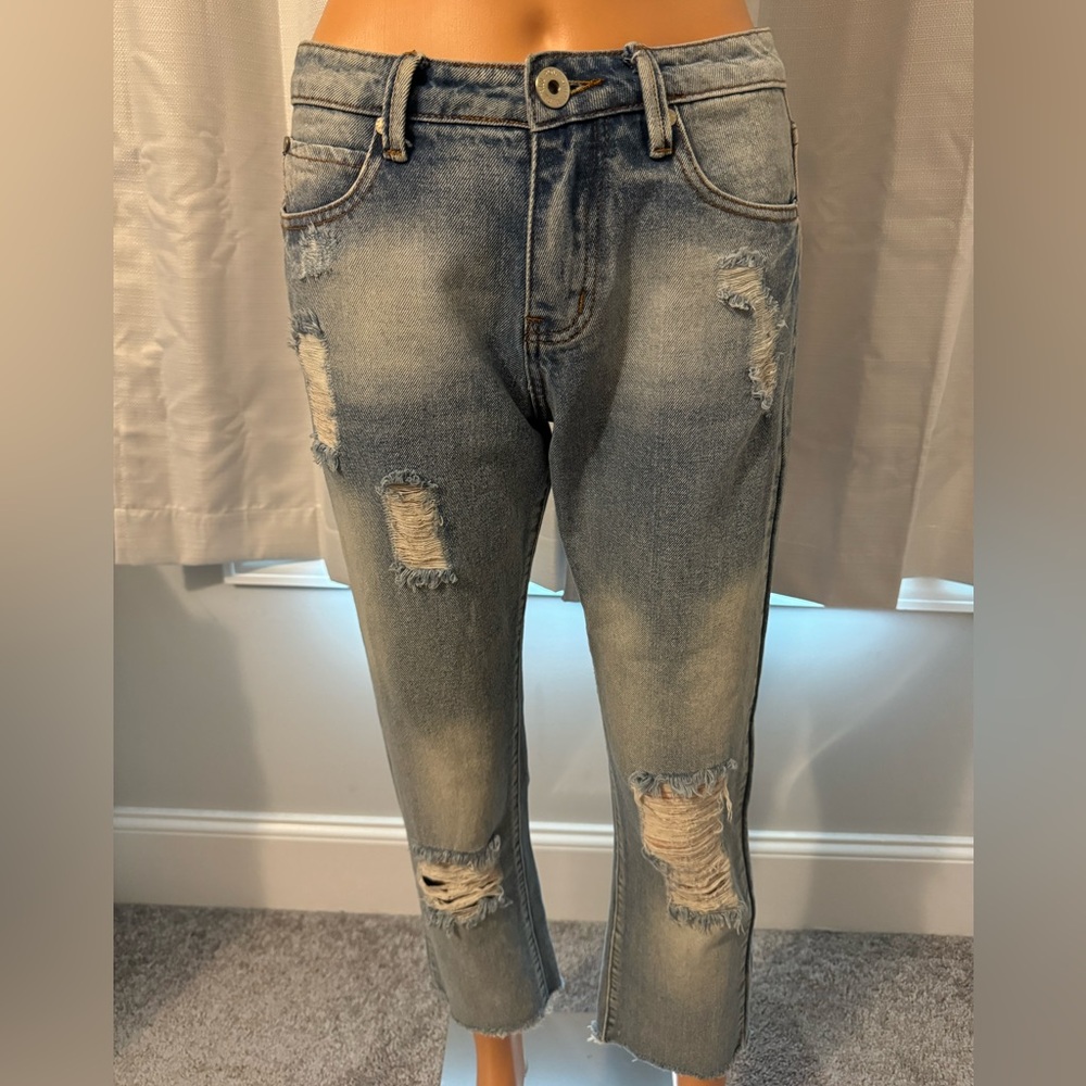 Cool POL size S blue distressed cropped mid rise jeans women NWOT